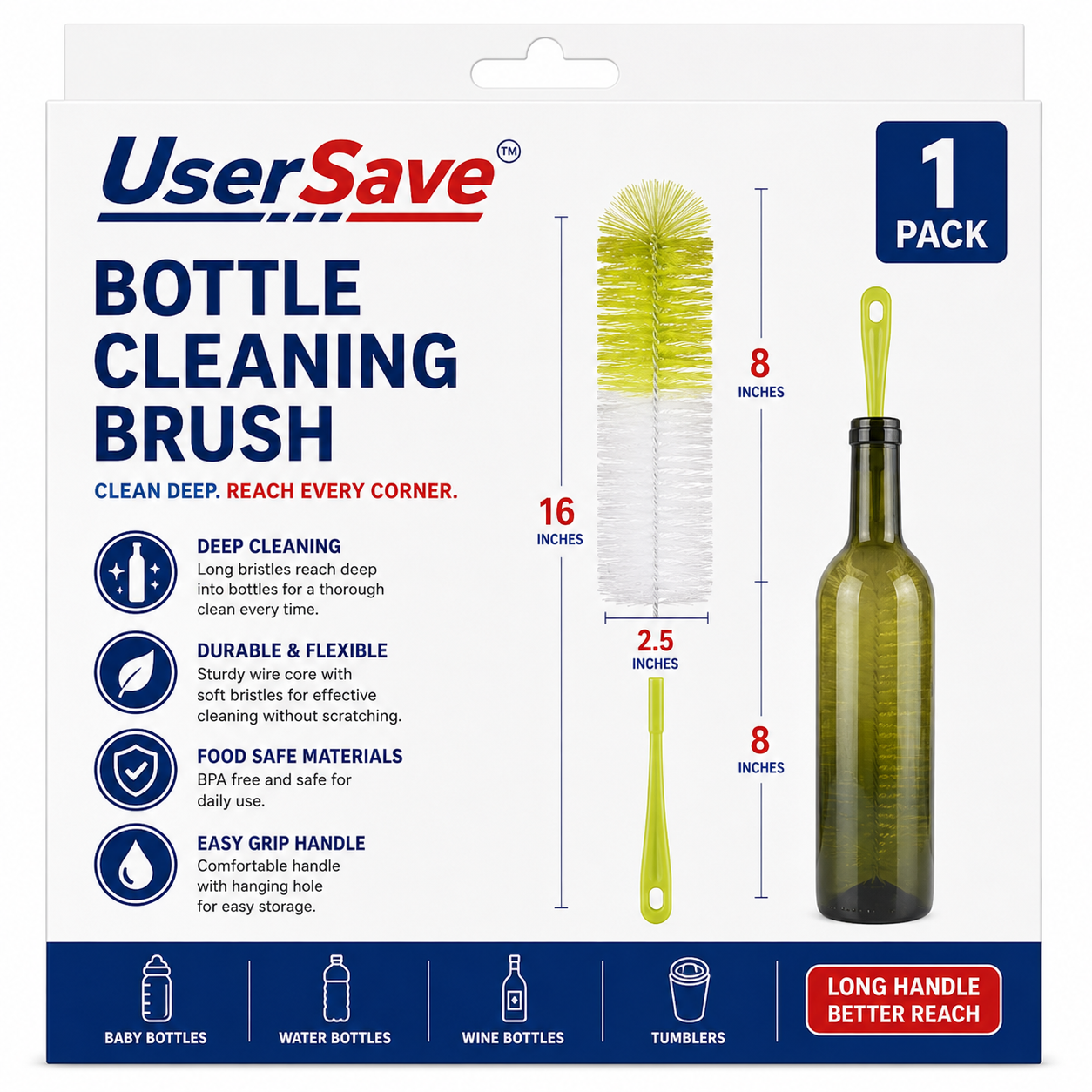 16-Inch Bottle Cleaning Brush – Long-Reach Cleaner for Bottles, Flasks and Tumblers