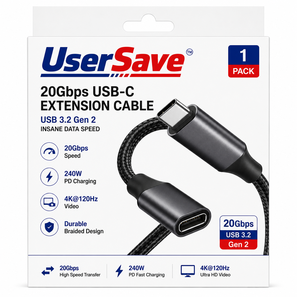 20Gbps USB-C Extension Cable – 240W Fast Charging and 4K 120Hz Video Support
