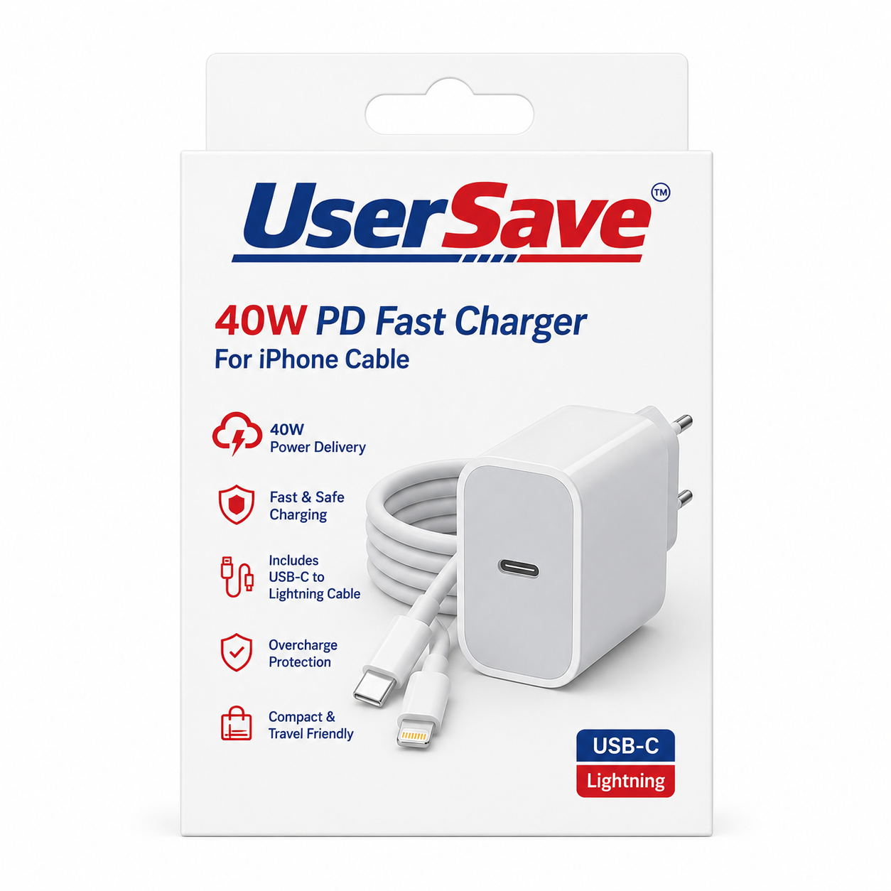 40W USB-C iPhone Fast Charging Set – Wall Charger and Cable for Apple Devices