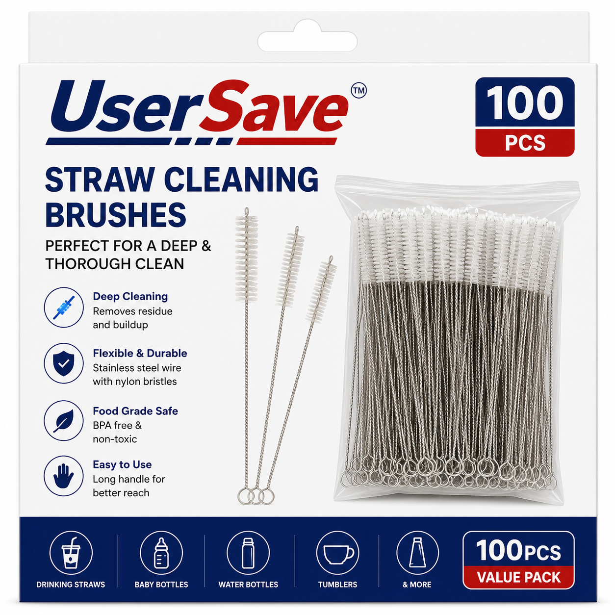 Bottle and Straw Cleaning Brush Kit – Flexible Nylon Cleaning Brushes for Cups and Containers